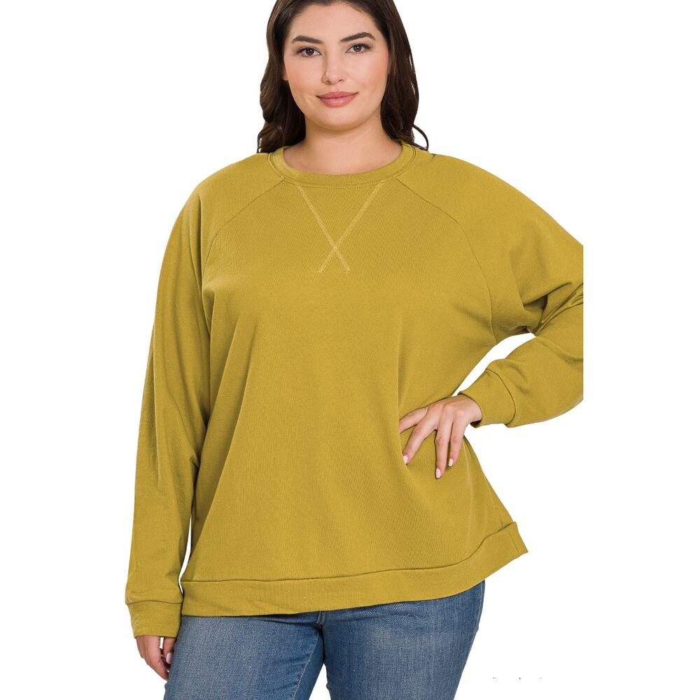 ZENANA FRENCH TERRY RAGLAN SLEEVE ROUND NECK PULLOVER NWT OLIVE MUSTARD